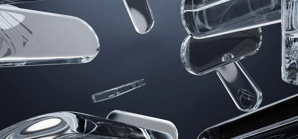 Liquid glass rounded rectangle plates flying on black 3d background. Abstract bg Ilustração Stock