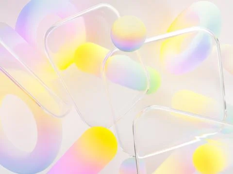 Liquid glass square frames with colorful gradient blurred geometric shapes on Stock Illustration