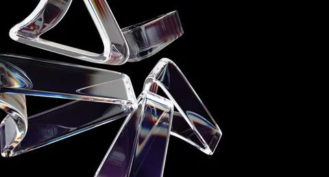 Liquid glass triangle 3d shapes flying on black background. Abstract bg with Stock-Illustration