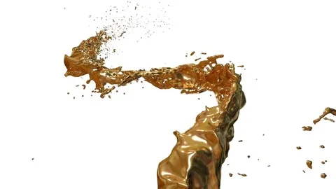 Liquid gold flow fly in air. Shot of liquid metal stream in slow motion with Stock Footage 82316224