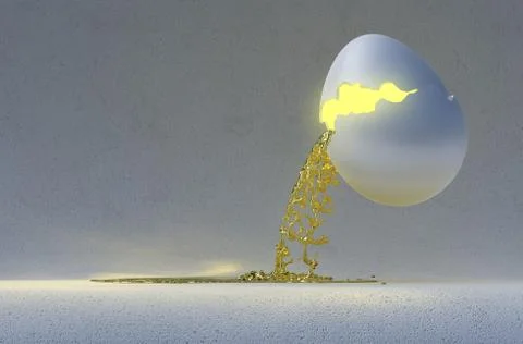 Liquid gold pouring from a broken Easter Egg. Abstract composition over Illustrazione stock