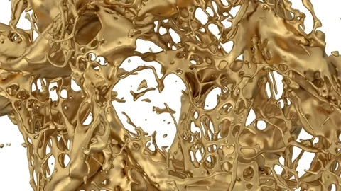 Liquid gold splashes in slow motion into screen - on white , + alpha (FULL HD) Video stock 72127407