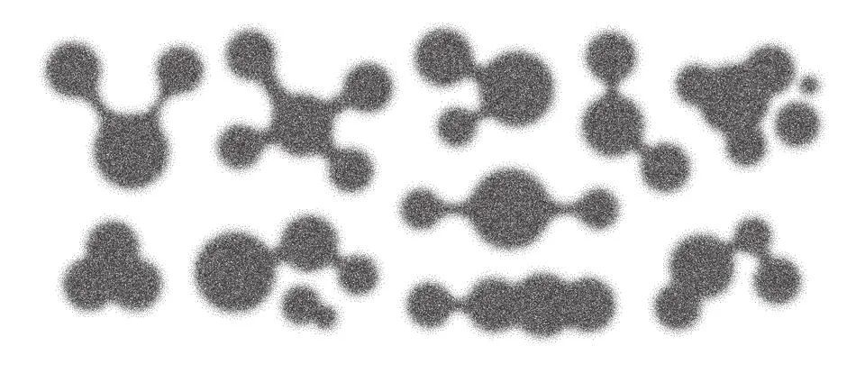 Liquid halftone elements,molecules, dotted shapes, half tone gradients, var.. Stock Illustration