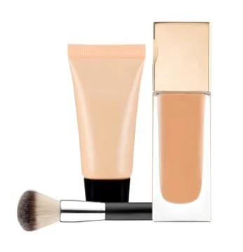 Liquid makeup foundation in tube and brush isolated on white Fotos Stock