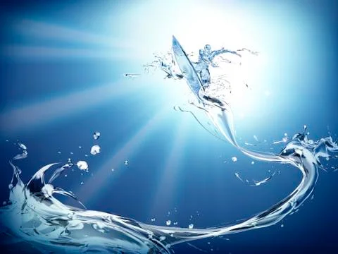 Liquid man surfing in the sky Stock Illustration