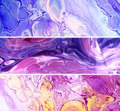 Liquid marbling paint horizontal textures collection. Grunge acrylic stains Stock Illustration