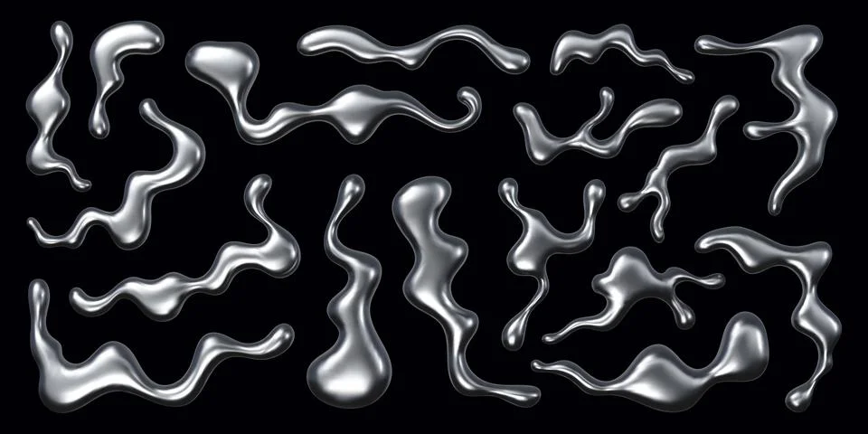 Liquid metal chrome blobs, silver squiggly drops 库存插图