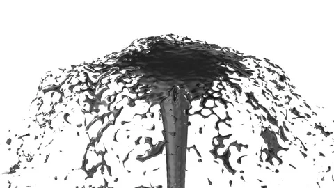 Liquid metal flow of fountain fly up in air with many splashes. Shot of metal Stock Footage