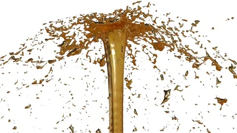 Liquid metal flow of fountain fly up in air with many splashes. Shot of metal Stock Footage
