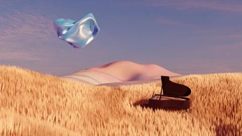 Liquid metal object above a field of wheat and an old piano Stock Footage 284207335