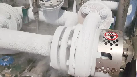 Liquid nitrogen is flowing in rigid pipeline during transfer process. Stock Footage 308179878