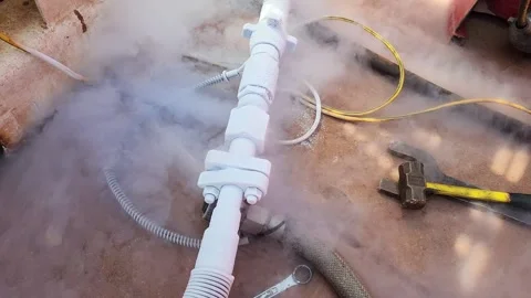 Liquid nitrogen is flowing in rigid pipeline during transfer process. Stock Footage 308179883