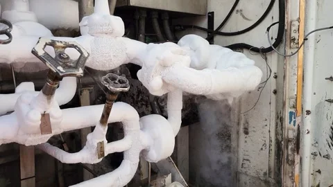 Liquid nitrogen pipeline with iced surface. Stock Footage 253468736