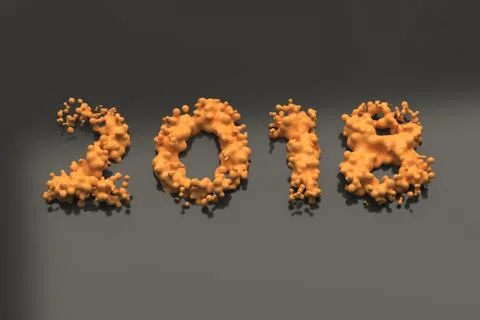Liquid orange 2018 number with drops on black background Stock Illustration