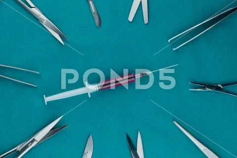 Liquid parenteral products in syringe with basic surgical instrument ...