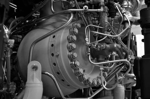 Liquid rocket engine. Rocket engine elements, bolted connections, pipelines. Stock Photos