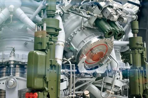Liquid rocket engine. Rocket engine elements, bolted connections, pipelines. Stock Photos