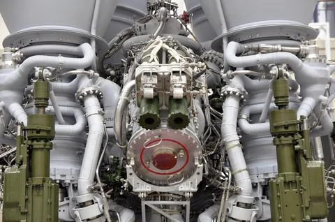 Liquid rocket engine. Rocket engine elements, bolted connections, pipelines. Stock Photos