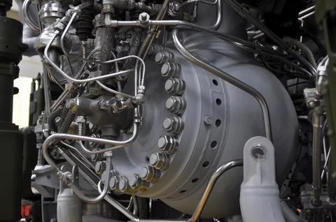 Liquid rocket engine. Rocket engine elements, bolted connections, pipelines. Stock Photos