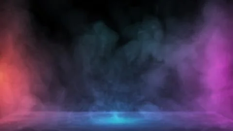 Liquid smoke falling down on surface in colored lights. Dry ice drop spreading Stock Illustration