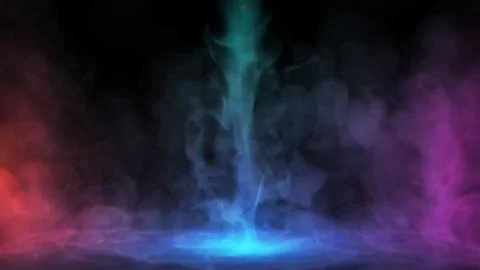 Liquid smoke falling down on surface in colored lights. Dry ice drop spreading Stock Illustration