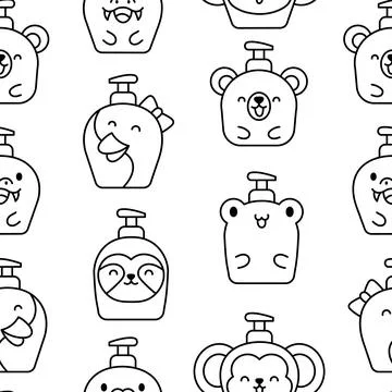 Liquid soap bottles with face. Coloring Page. Stock Illustration