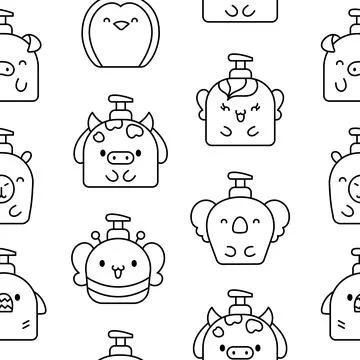 Liquid soap bottles with face. Coloring Page. Stock Illustration