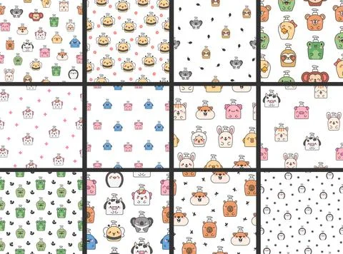 Liquid soap bottles with face. Seamless pattern. Stock Illustration