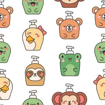 Liquid soap bottles with face. Seamless pattern. Stockillustratie