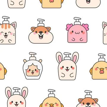 Liquid soap bottles with face. Seamless pattern. Stock Illustration