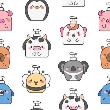 Liquid soap bottles with face. Seamless pattern. Stockillustratie