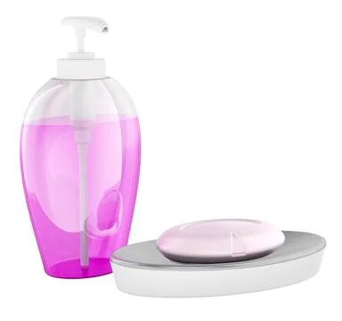Liquid soap dispenser and bar soap on dish comparison. 3D rendering Stock Illustration