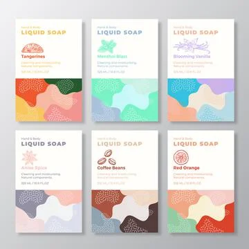 Liquid Soap Label Templates Collection. Abstract Shapes Camo Background Vector Stock Illustration