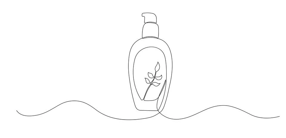 Liquid soap one continuous line illustration. Hand drawn doodle sketch of hyg Stock Illustration