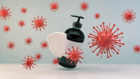 Liquid soap package with shield and viruses around. Floating flu. 3d medical Stock Illustration