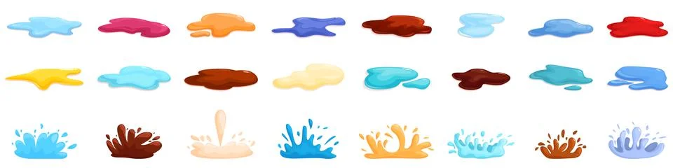 Liquid splatter surface icons set. Colorful liquid splashes and puddles flowing Stock Illustration