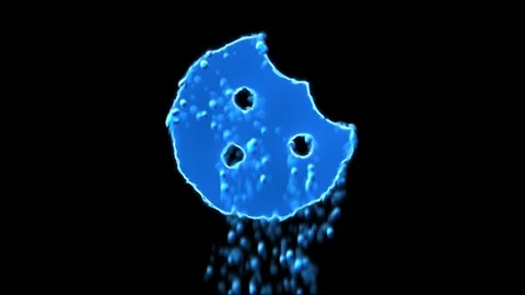 Liquid symbol cookie bite appears with water droplets. Then dissolves with drops Stock Footage 100664640