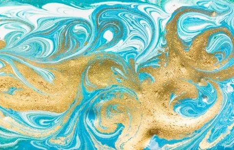 Liquid uneven blue marbling pattern with golden glitter and glare of light Stock Illustration