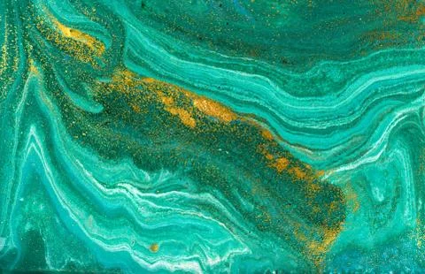 Liquid uneven green marbling pattern with golden glitter and glare of light Stock Illustration