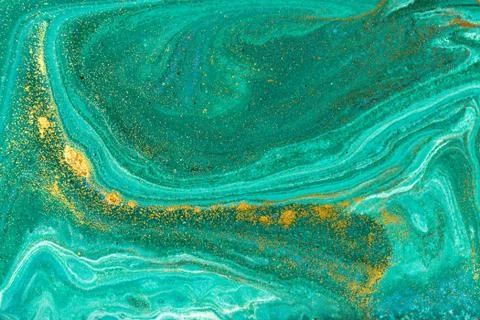 Liquid uneven green marbling pattern with golden glitter and glare of light Stock Illustration