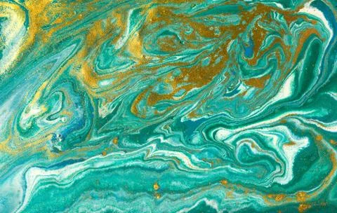 Liquid uneven green marbling pattern with golden glitter and glare of light Stock Illustration