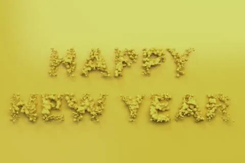 Liquid yellow Happy New Year words with drops on yellow background Stock Illustration