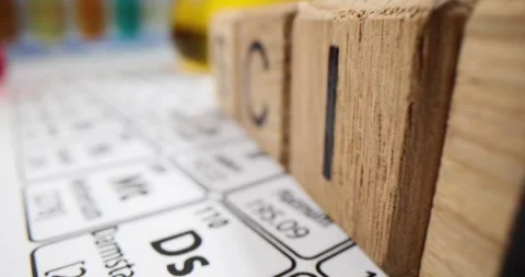 Liquids in flasks on table of chemical elements in clinic Stock Footage 270037538