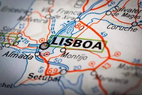 Lisboa on a road map Stock Photos