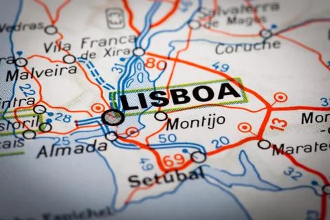 Lisboa on a road map Stock Photos