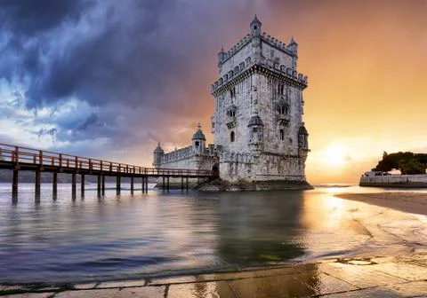 Lisbon, Belem tower at sunset, Lisboa - Portugal Stock Photos