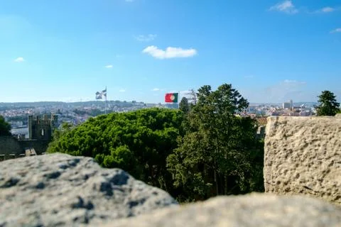 Lisbon Castle View with Flags Stock Photos