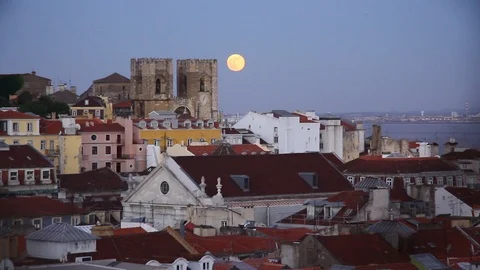 Lisbon cathedral with full moon Stock Footage 95834788