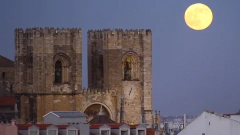 Lisbon cathedral with full moon Stock Footage 95834996