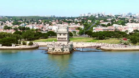 Lisbon drone 4k. Belem Tower, Torre de Belem. Aerial view Lisbon, Portugal. 4k Stockbeeldmateriaal 224529303